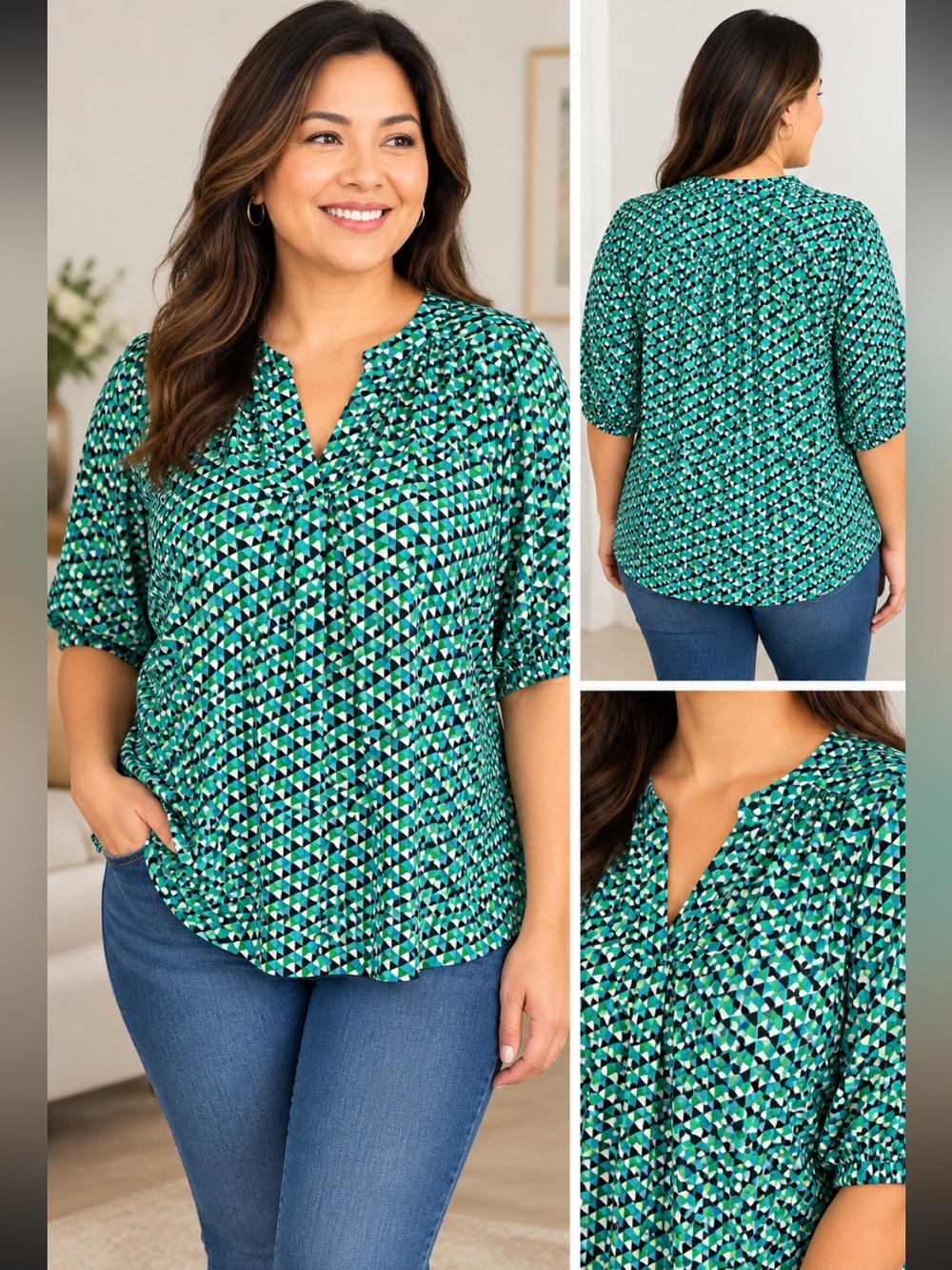 Hope & Harlow Geometric Print Green Women's Blouse XL